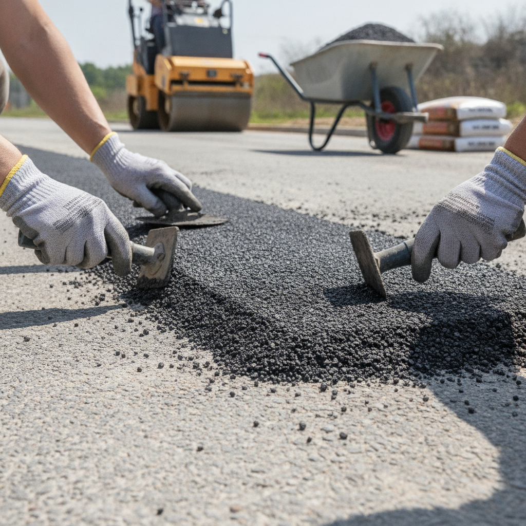 Speed Bump asphalt Installation no peoples face just hands